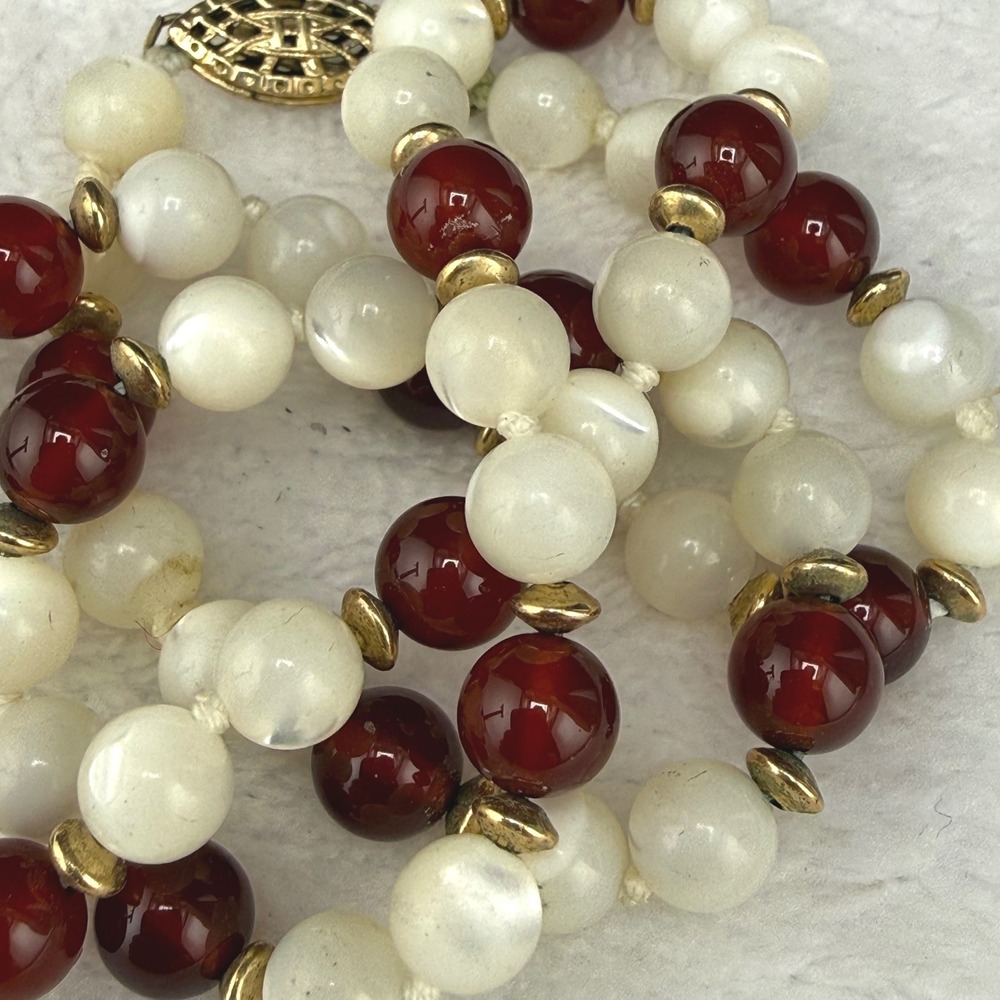 Vintage  Necklace Earring Set Red White Beaded Gold Tone 6mm 17"
